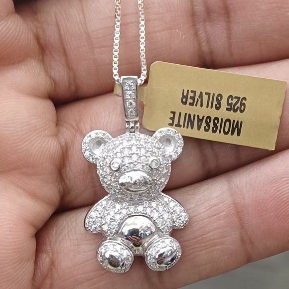 925 Sterling Silver Moissanite Diamond Teddy pendant